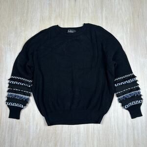 Lulu's Black Embroidered Fringe Sleeve Ribbed Knit Crew Pullover Sweater Small